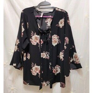 Xhilaration Women 1X Black Blouse Dark Floral Bell Sleeve Lace Up Neck Fairy